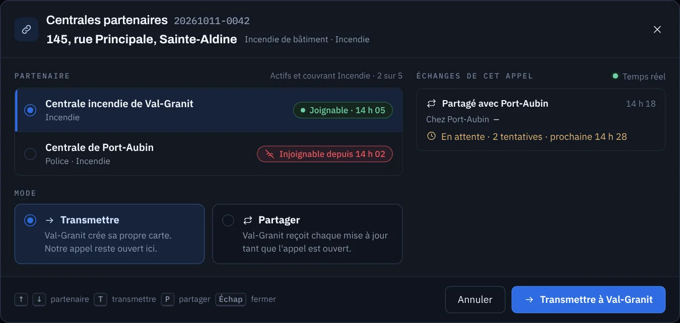Transmission d'un appel à une centrale partenaire