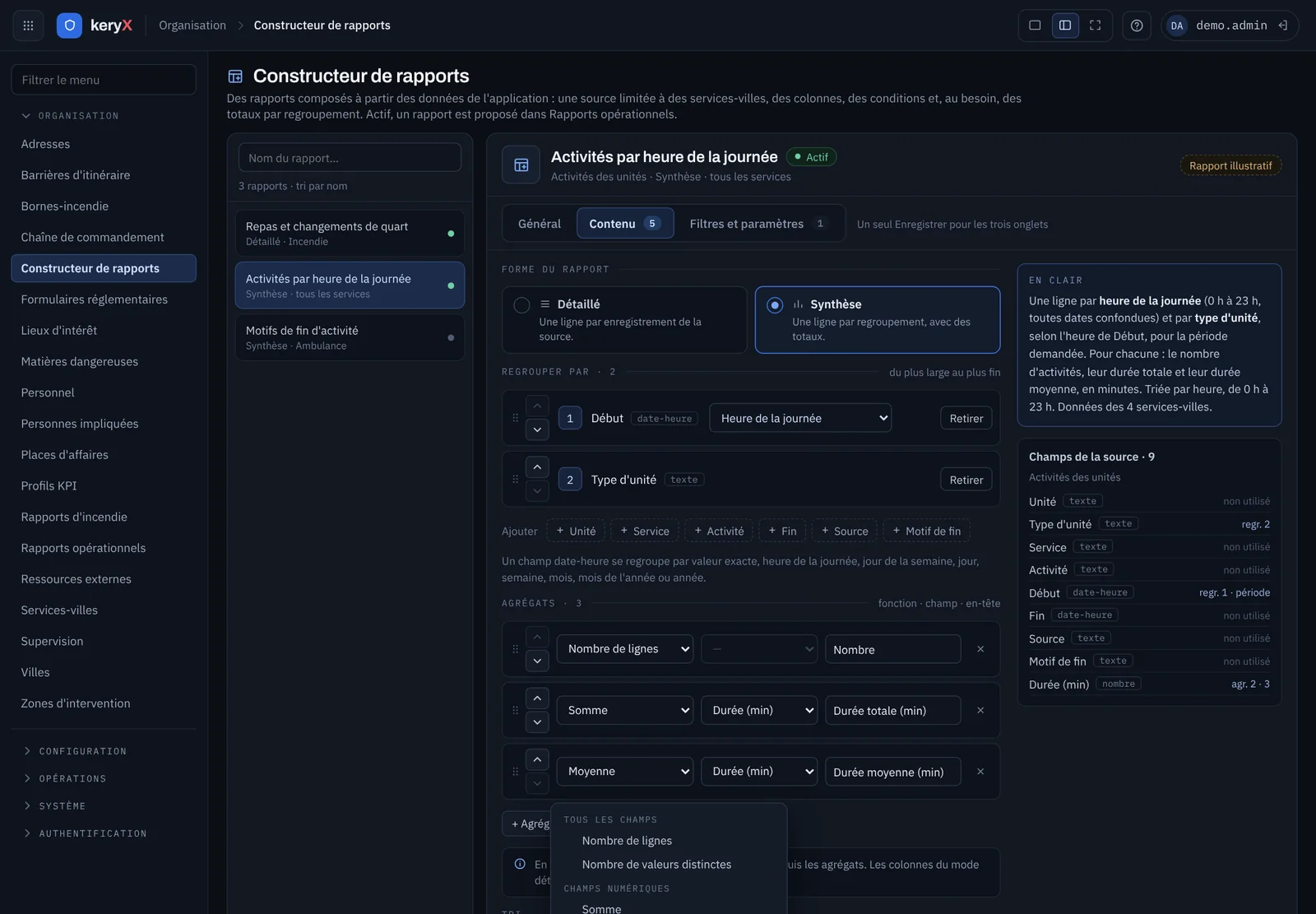 Constructeur de rapports : synthèse par heure de la journée