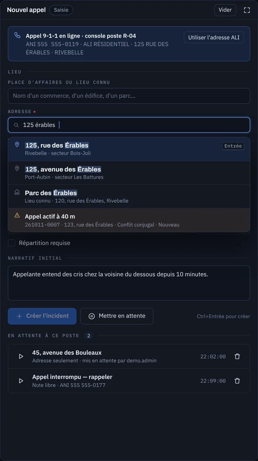 Saisie d'un nouvel appel